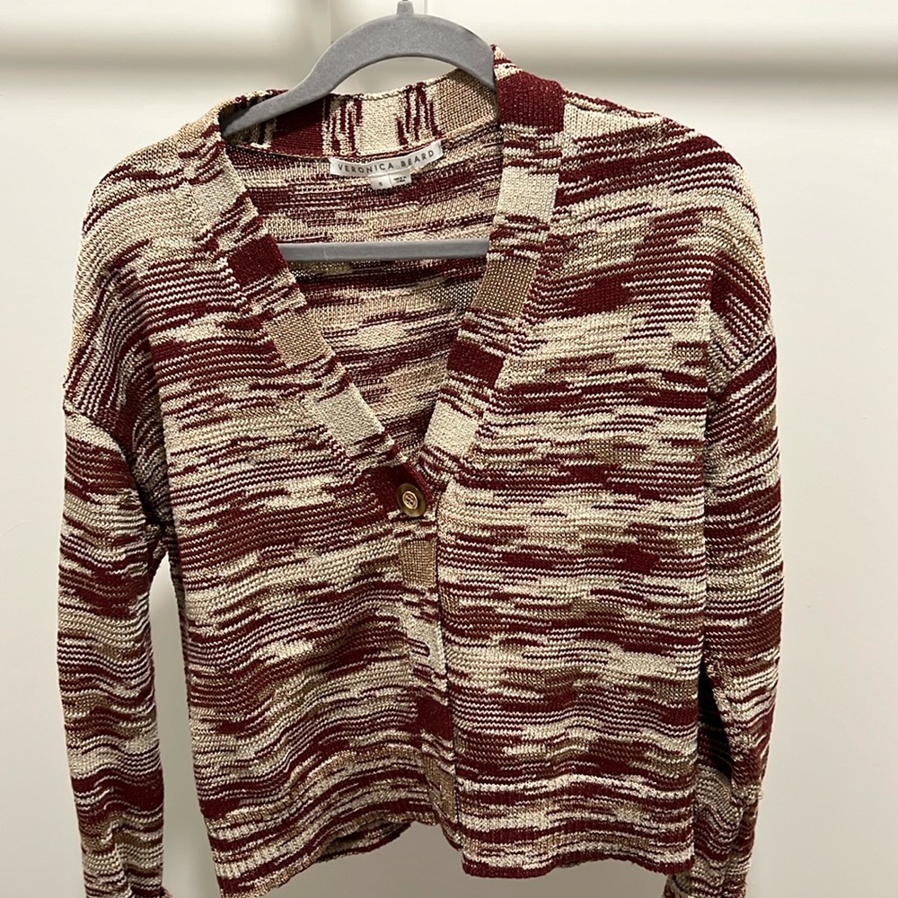 Veronica Beard Maroon and Cream Knit Cardigan